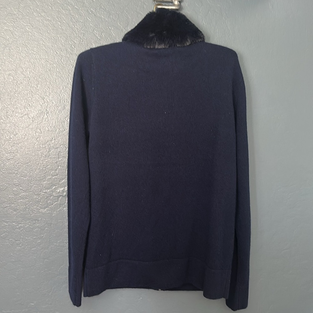 The cashmere project Navy zip up Sweater with  removable Faux Fur Collar - Picture 4 of 7